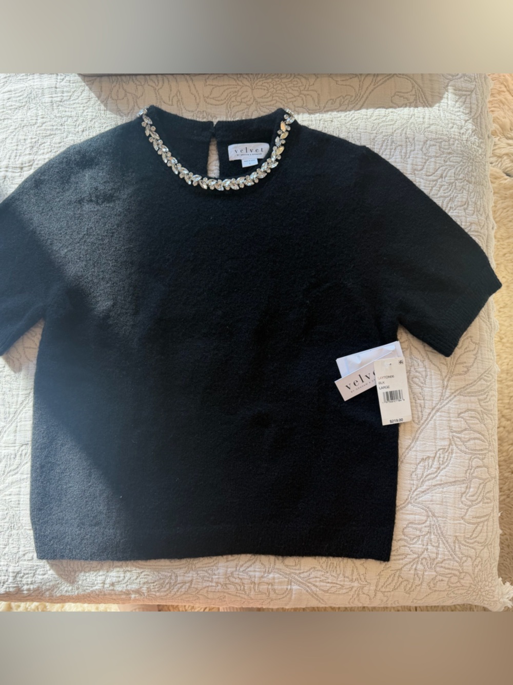 Velvet Black Short-Sleeve Crewneck Sweater with Jeweled Trim